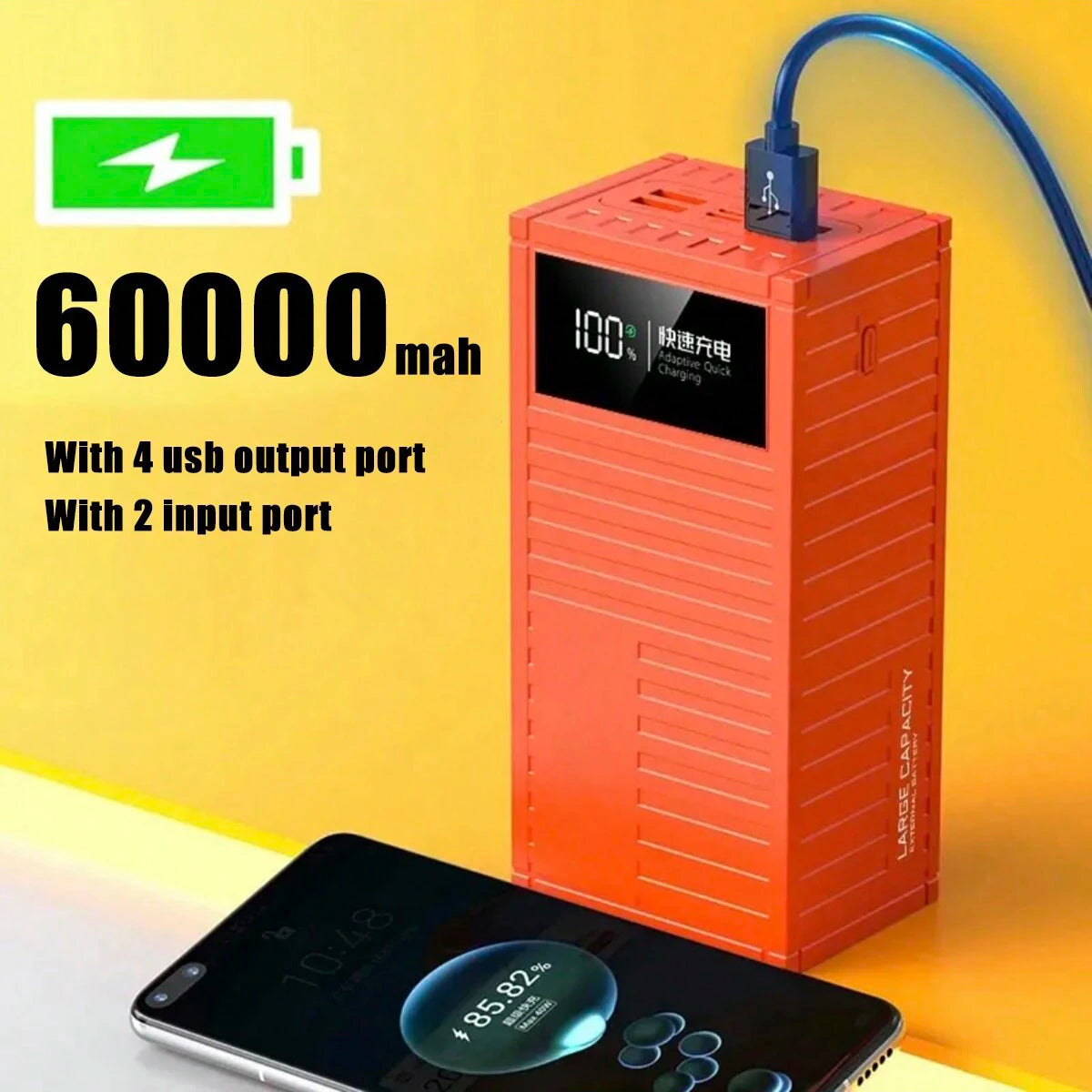 Power Bank 60000mAh | Carga Rápida, Pantalla LED y 4 Salidas USB